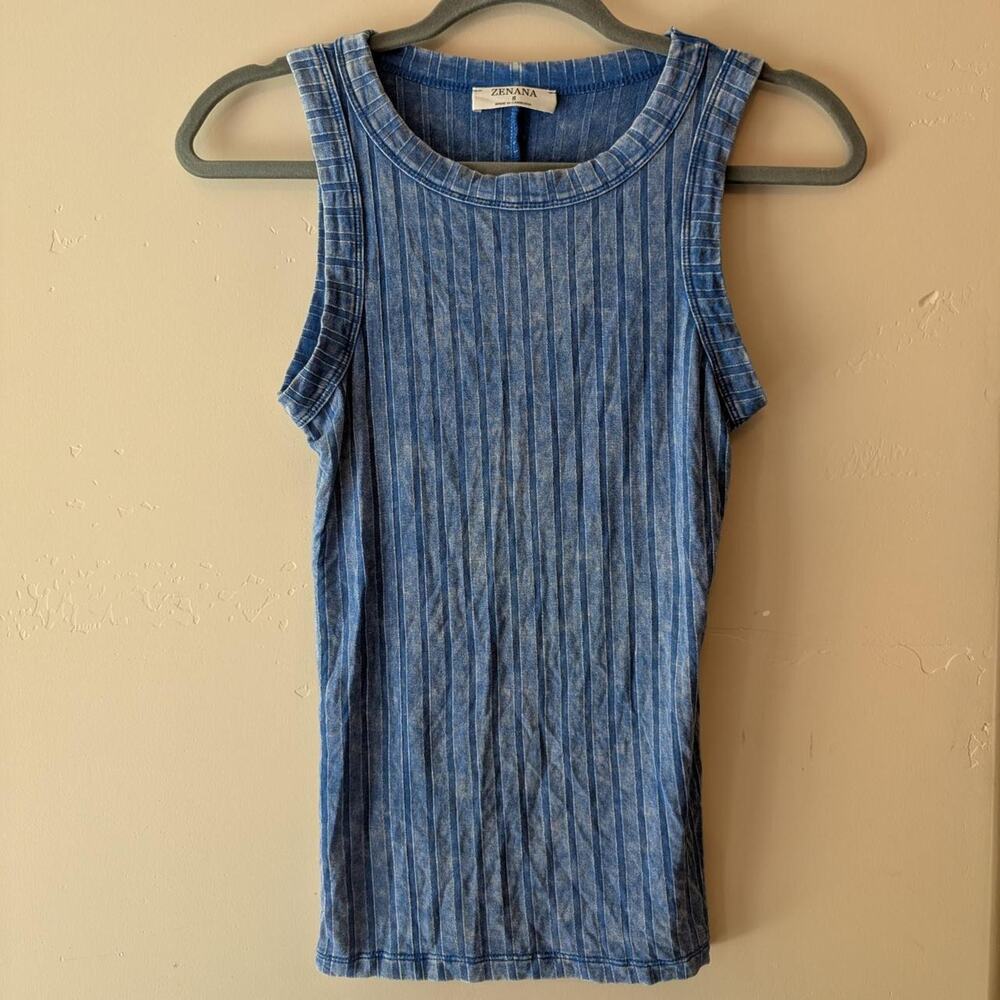 Zenana Blue Mineral Wash High Neck Ribbed Tank Top S Raw Edge Accent